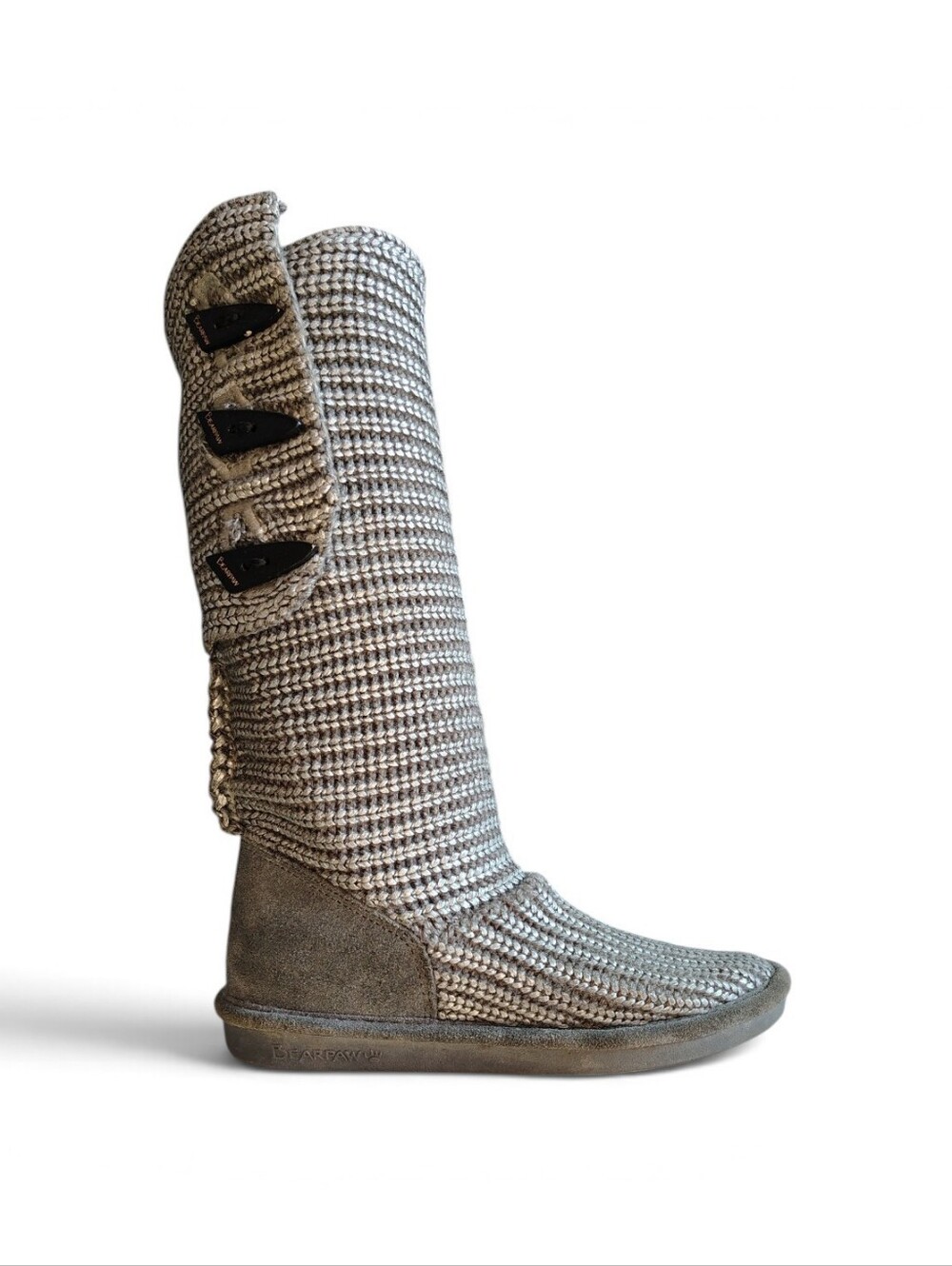 Bearpaw Women's Size 9 Gray Ribbed Knit Sweater Tall Slouch Boots Wooden Toggles